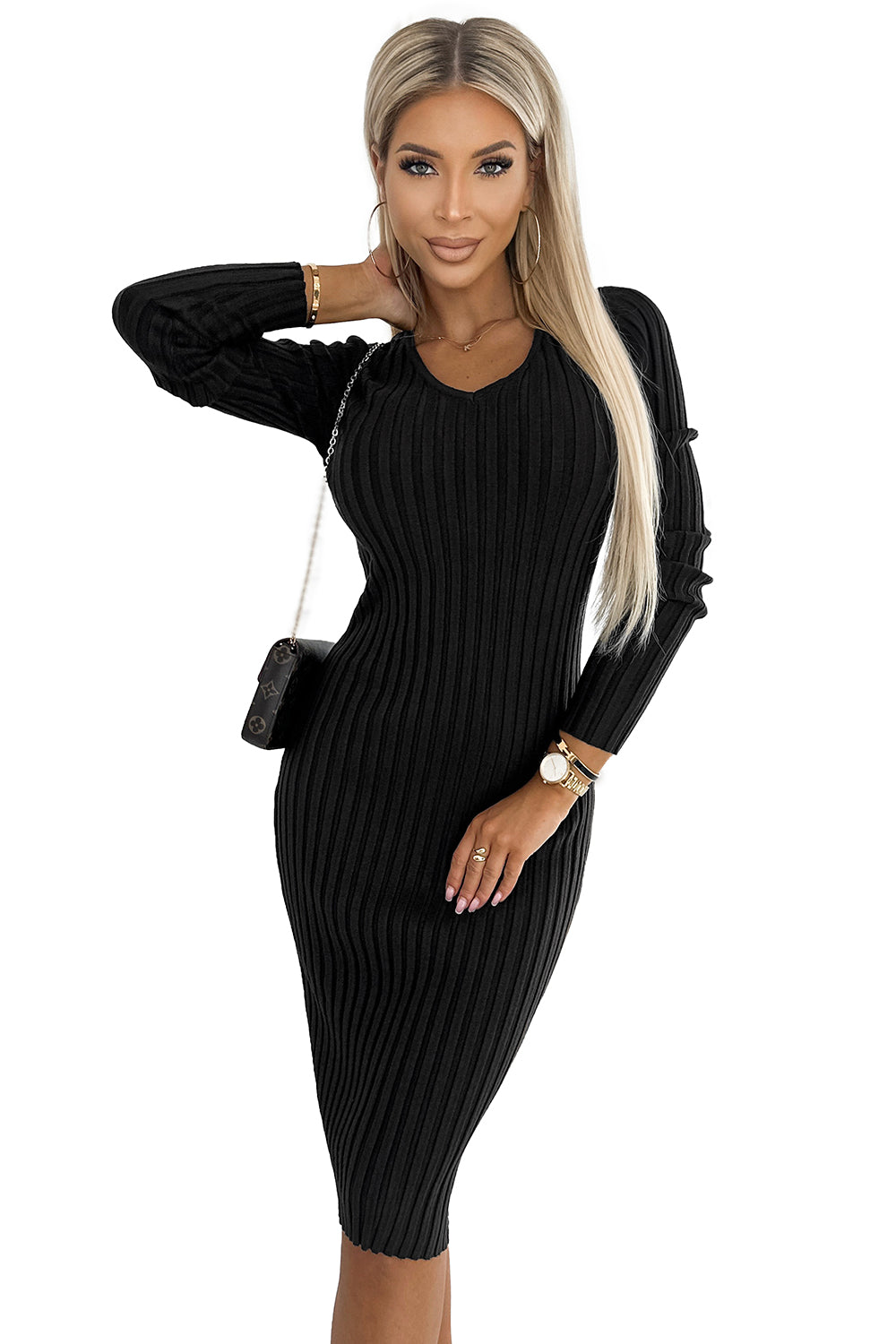 570-1 Comfortable jumper dress with v-neck - black