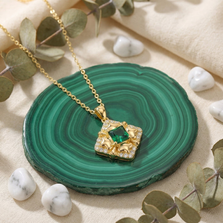925 Sterling Silver Green Square Gemstone Pendant Necklace with Crystal Halo Accents – Vintage-Inspired