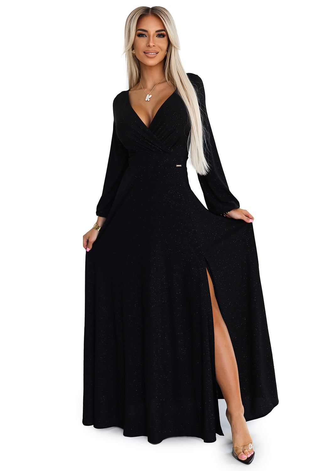 NELA shiny long gown with neckline and long sleeves - black