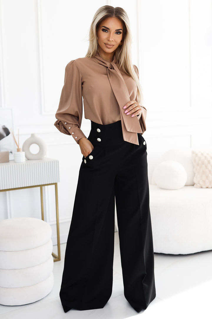 Unique business blouse with long sleeves; ties and buttons - caramel color