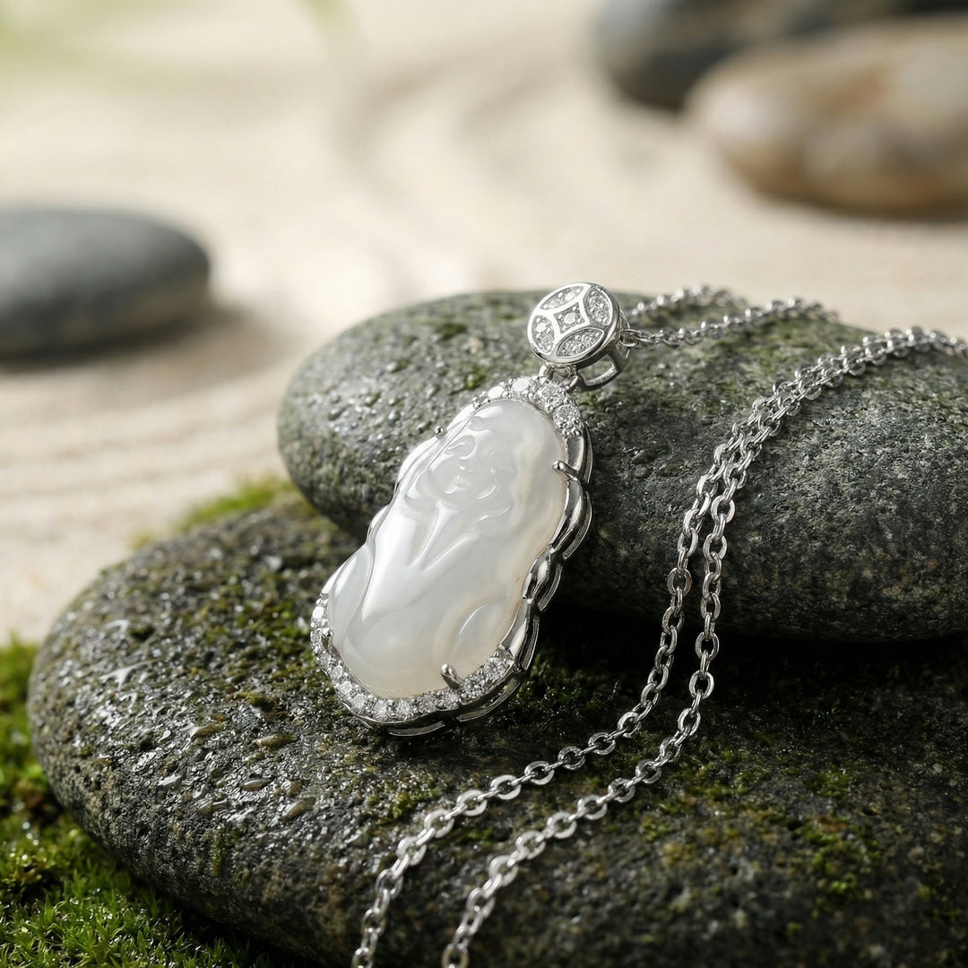 💎 White Jade Buddha Pendant Necklace with Diamond Accents