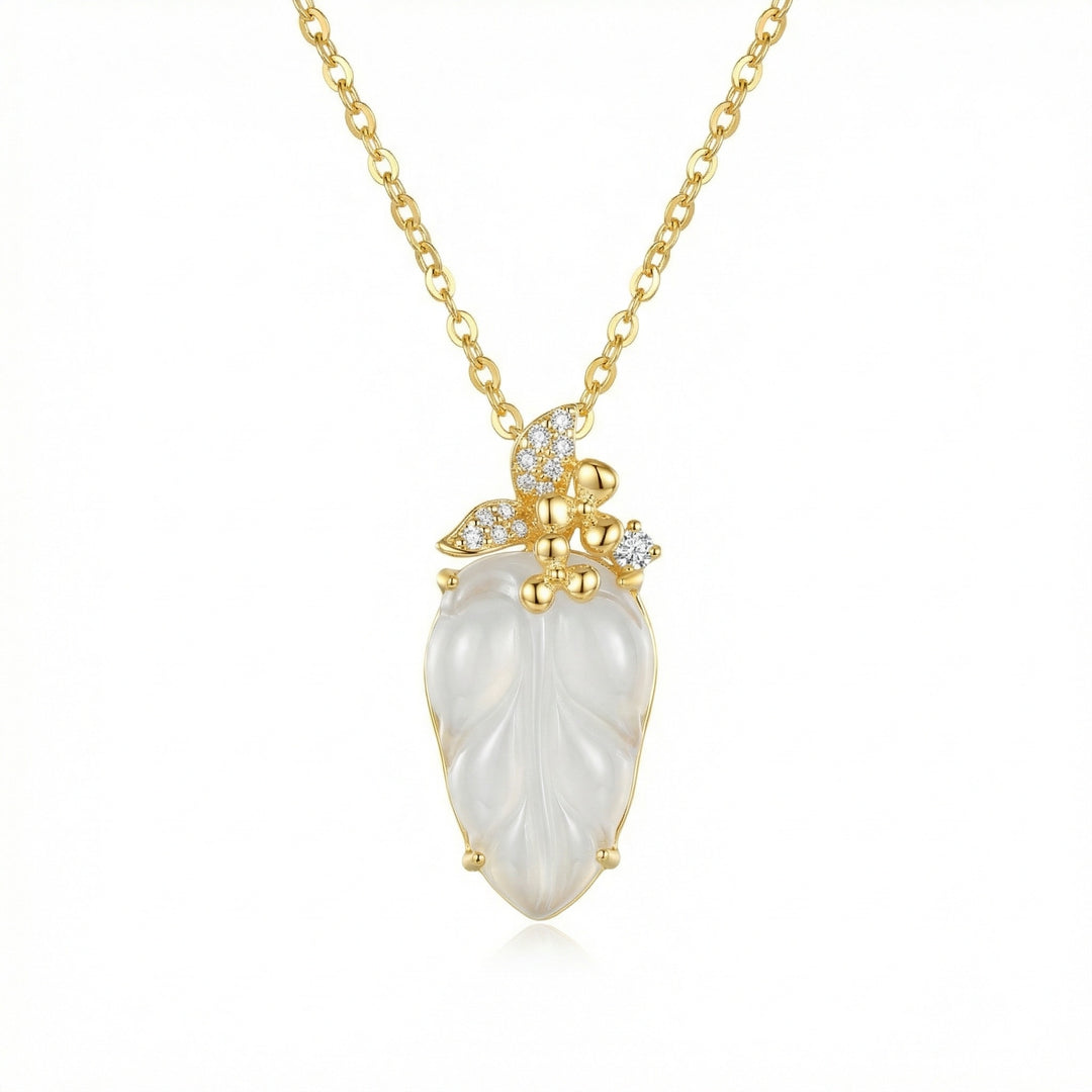 925 Sterling Silver White Jade Leaf Pendant Necklace with Butterfly & Floral Accents