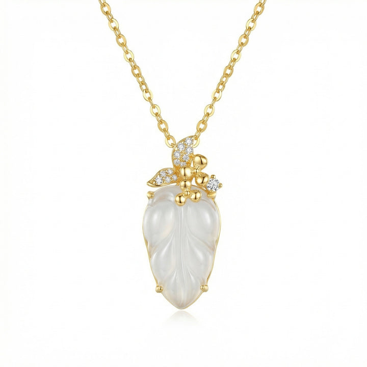 925 Sterling Silver White Jade Leaf Pendant Necklace with Butterfly & Floral Accents
