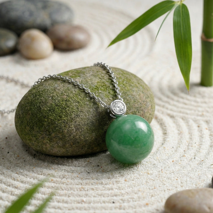 925 Sterling Silver Round Green Jade Orb Pendant Necklace with Diamond Accent