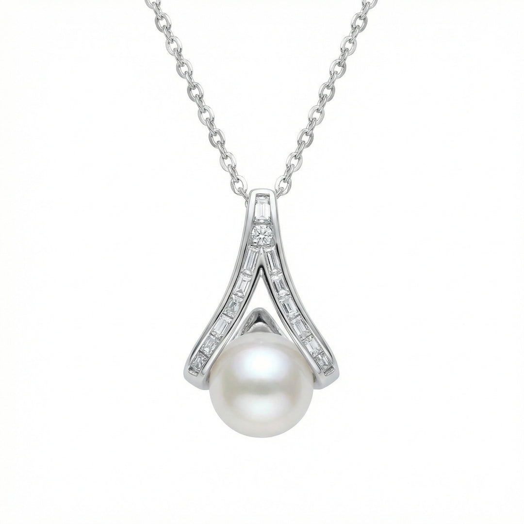 ✨ 925 Sterling Silver White Pearl Wishbone Pendant Necklace with Diamond Accents ✨