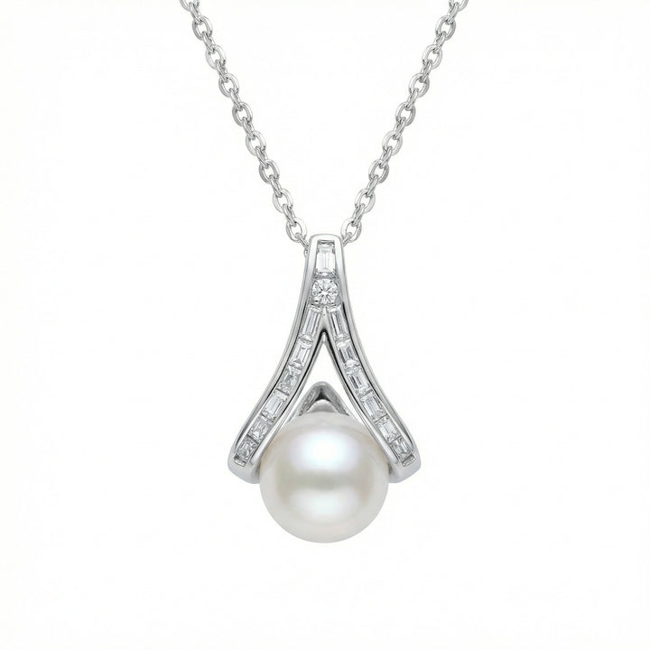 ✨ 925 Sterling Silver White Pearl Wishbone Pendant Necklace with Diamond Accents ✨