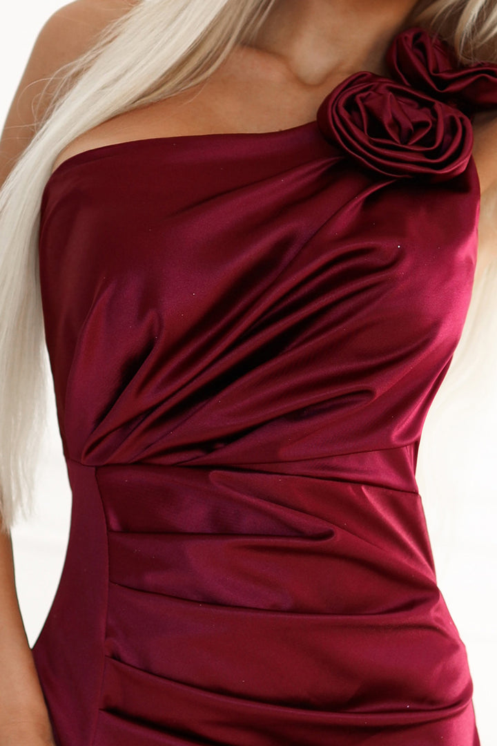 Long satin one shoulder dress with roses - burgundy