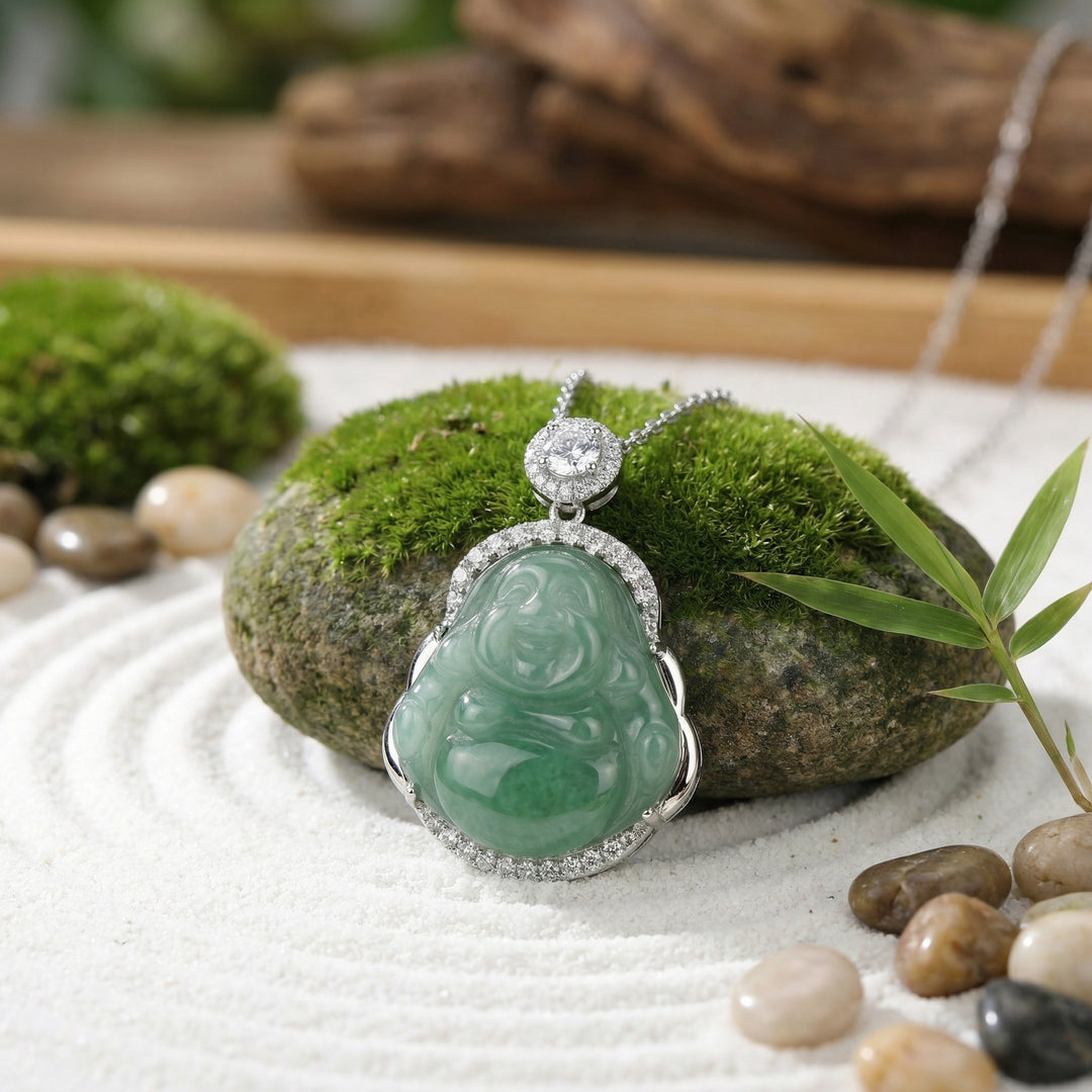925 Sterling Silver Exquisite Green Jade Laughing Buddha Pendant Necklace with Sparkling Halo Accents