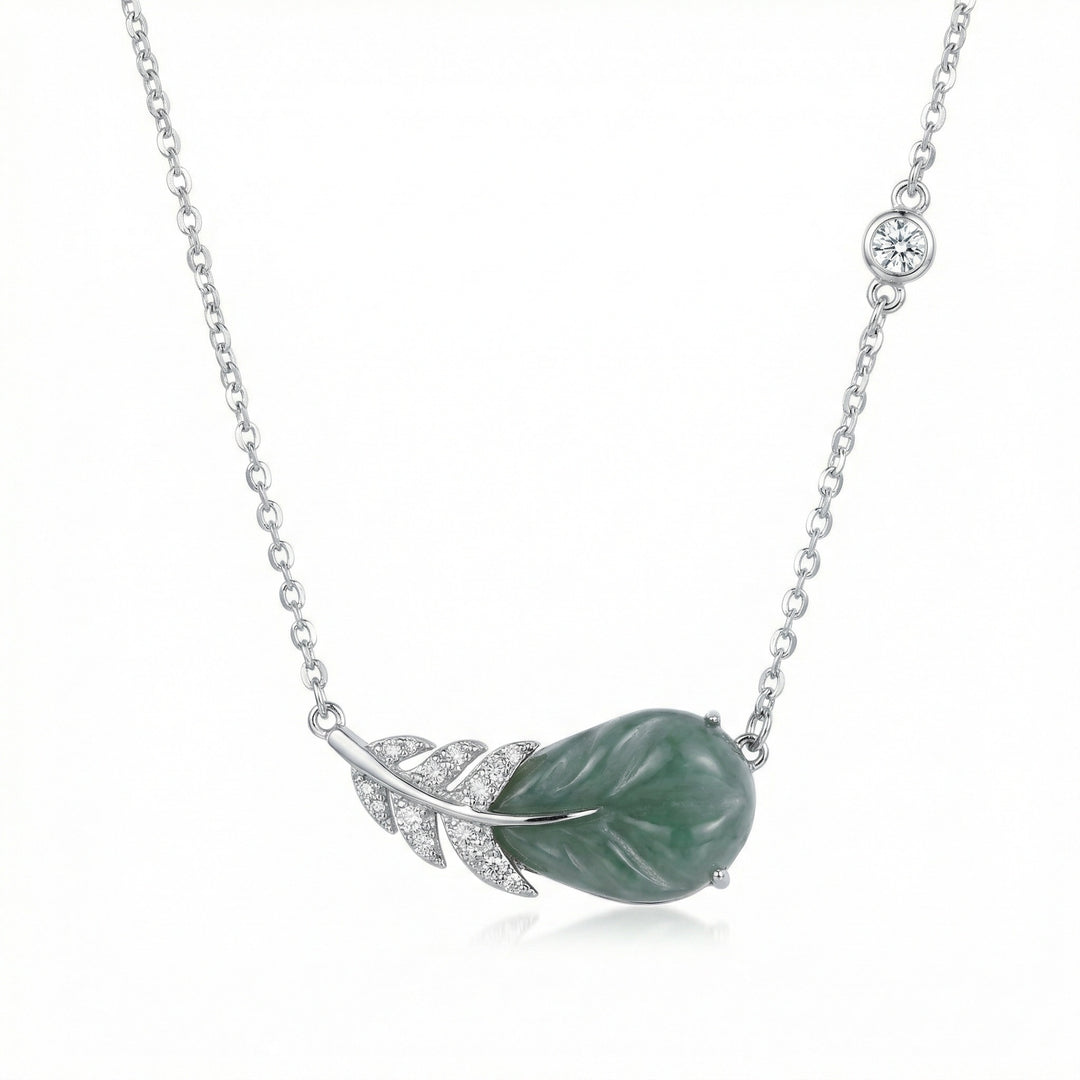 925 Sterling Silver Elegant Green Jade and Sparkling Gemstone Feather Pendant Necklace