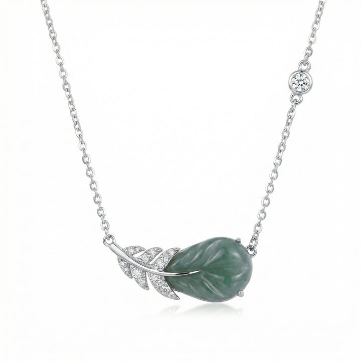 925 Sterling Silver Elegant Green Jade and Sparkling Gemstone Feather Pendant Necklace