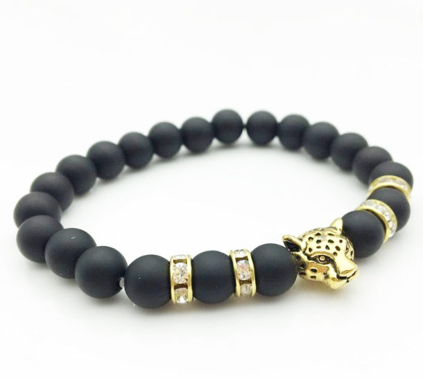 8mm Natural Lava Stone Leopard Head Bracelet for Men