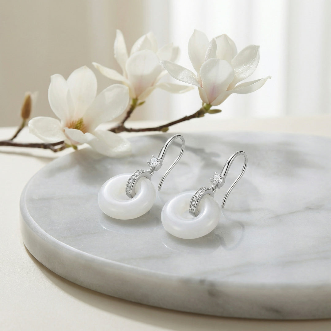 925 Sterling Silver Elegant White Round Stone Drop Earrings with Polished Silver and Brilliant Accents