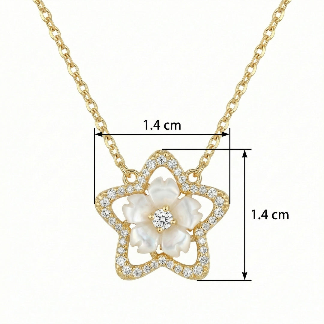 925 Sterling Silver Star-Shaped Floral Pendant Necklace with Mother of Pearl and Sparkling Accents