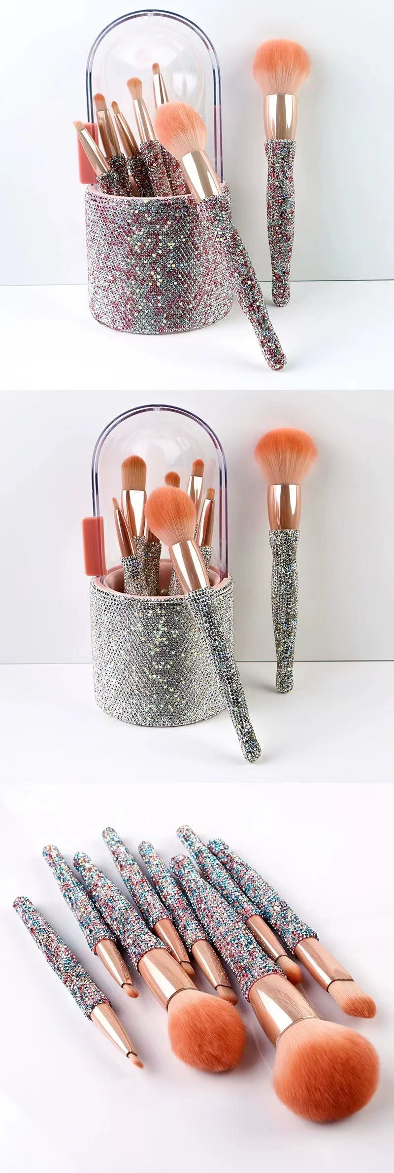 ✨ Light Luxury Diamond-Embedded Makeup Brush Set — 8-Piece Beauty Tools Kit 💄💎