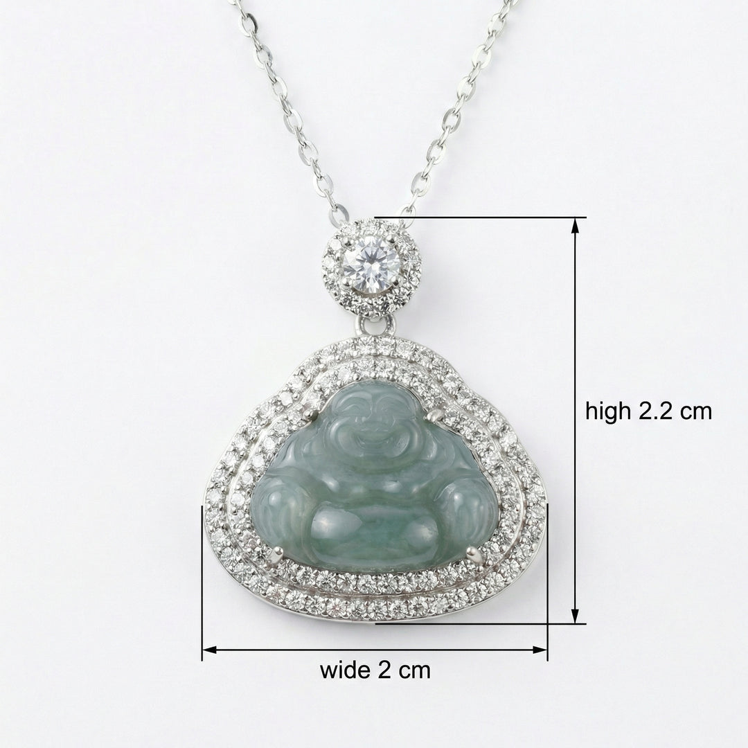 925 Sterling Silver Laughing Buddha Necklace – Green Jade Pendant with Sparkling Accents