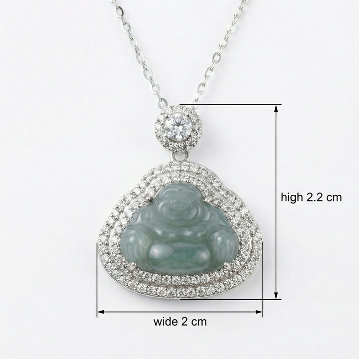 925 Sterling Silver Laughing Buddha Necklace – Green Jade Pendant with Sparkling Accents