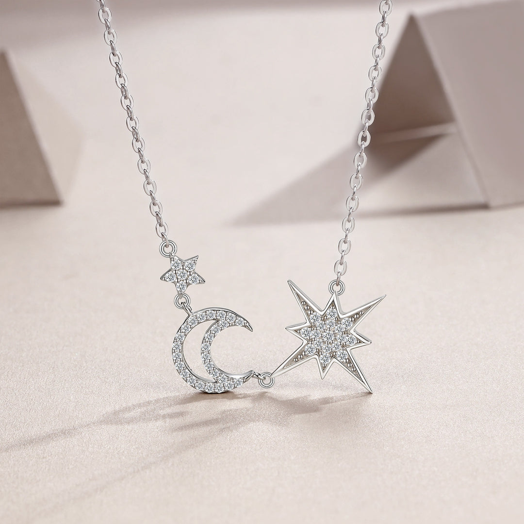 Luxury Minimalist Moon & Star Moissanite Pendant Necklace – Gold-Plated S925 Silver
