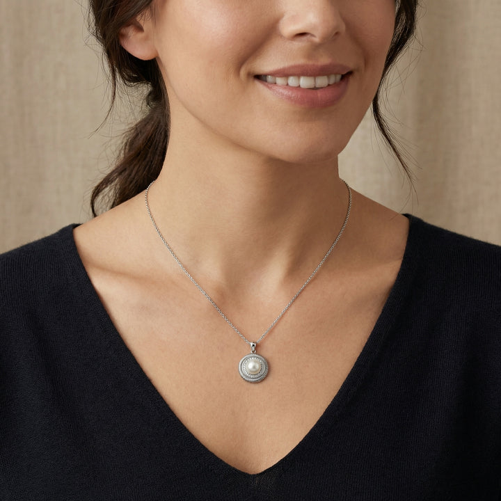 ✨ 925 Sterling Silver Elegant Round Pearl Pendant Necklace with Textured Halo Accents ✨