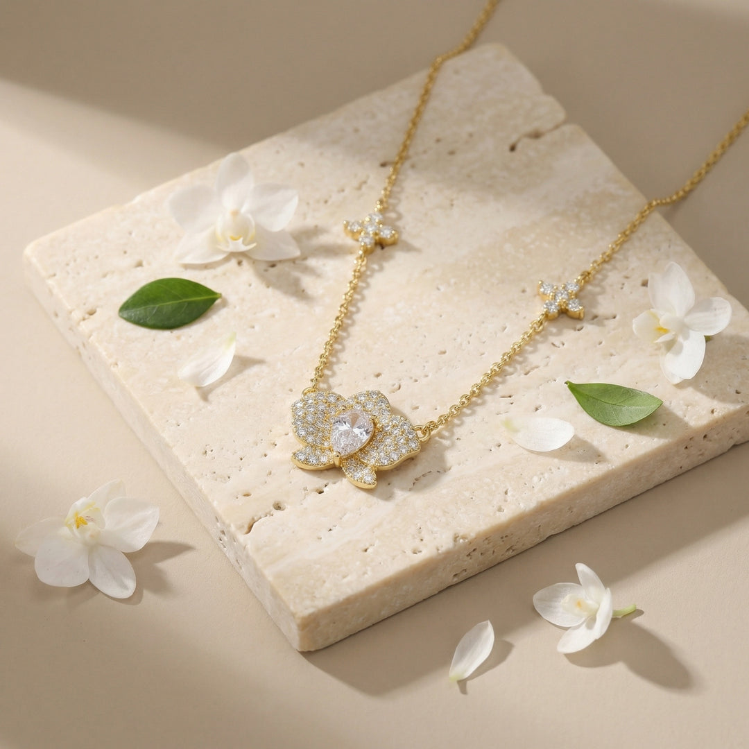 ✨ 925 Sterling Silver Pavé Diamond Orchid Necklace
