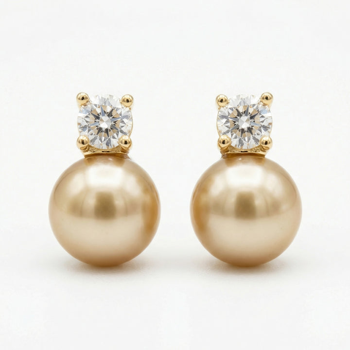 ✨ 925 Sterling Silver Champagne Pearl & Diamond Stud Earrings ✨