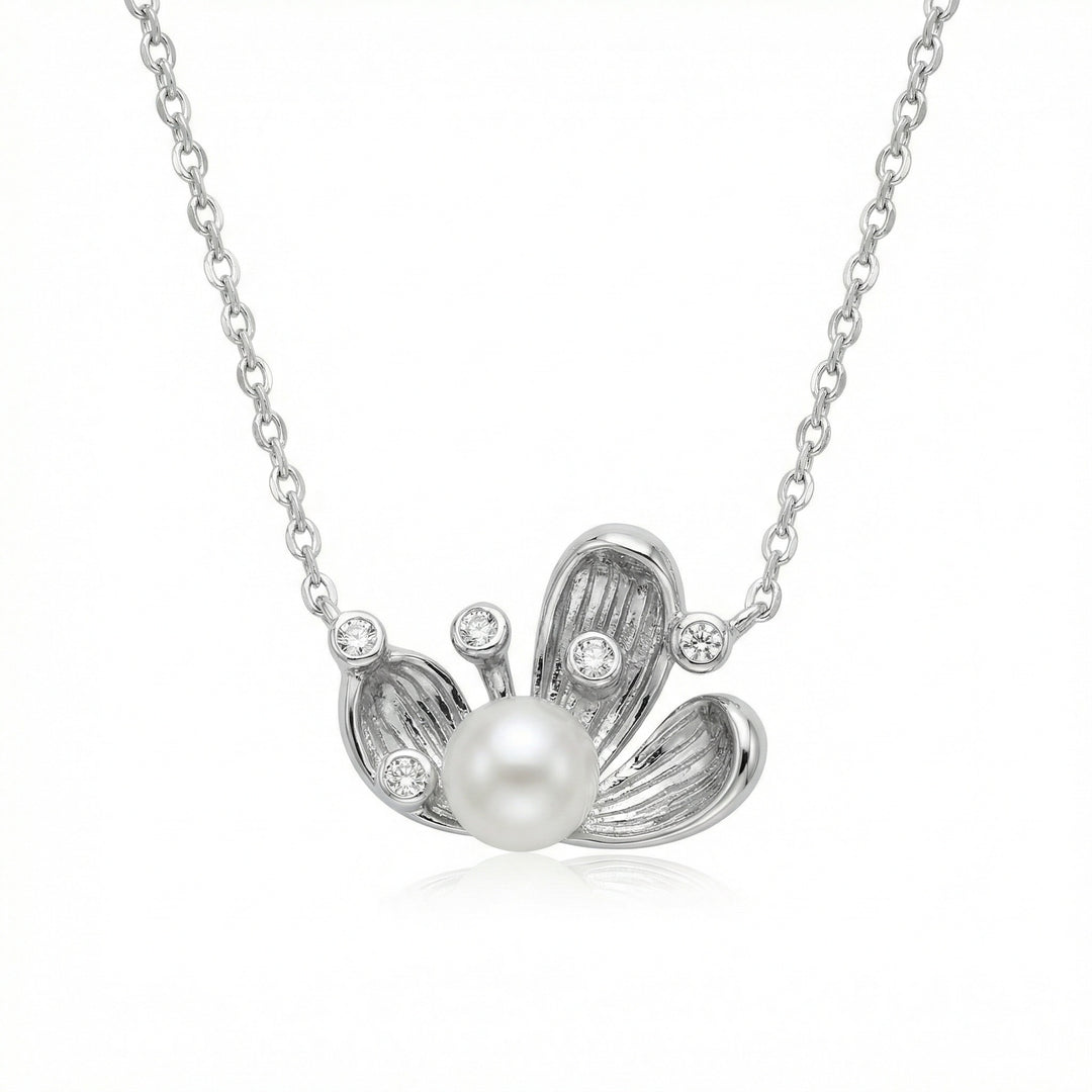 ✨ 925 Sterling Silver Pearl & Sparkling Diamond Floral Pendant Necklace ✨