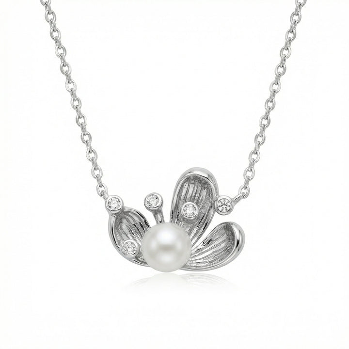 ✨ 925 Sterling Silver Pearl & Sparkling Diamond Floral Pendant Necklace ✨
