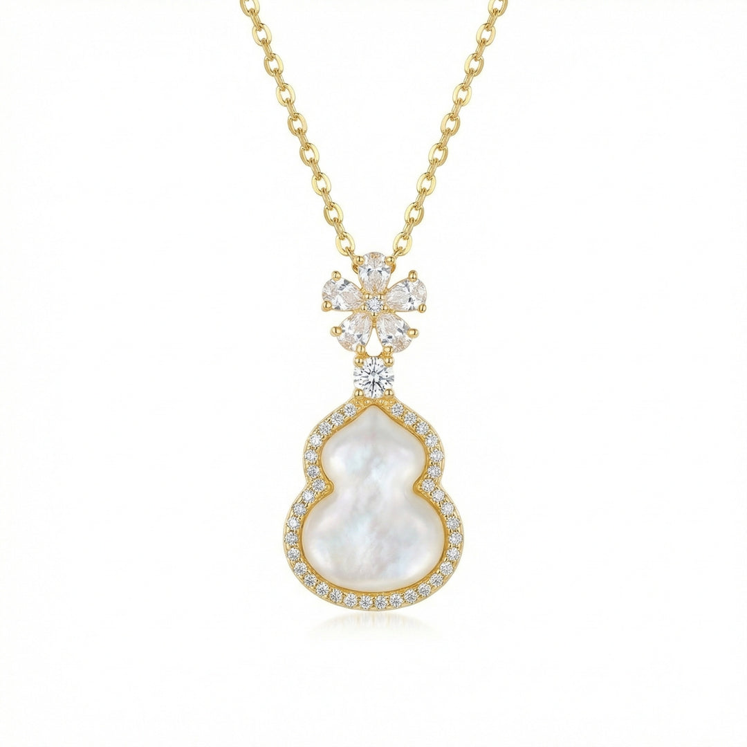 ✨ Mother-of-Pearl Gourd Necklace with Diamond Floral Accents