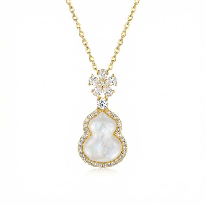 ✨ Mother-of-Pearl Gourd Necklace with Diamond Floral Accents
