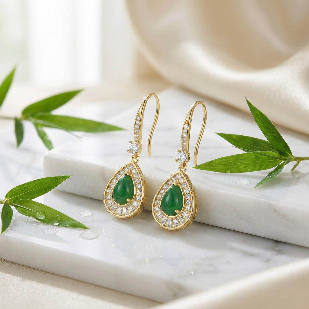 ✨ 925 Sterling Silver Elegant Green Jadeite Teardrop Earrings with Diamond & Baguette Accents ✨