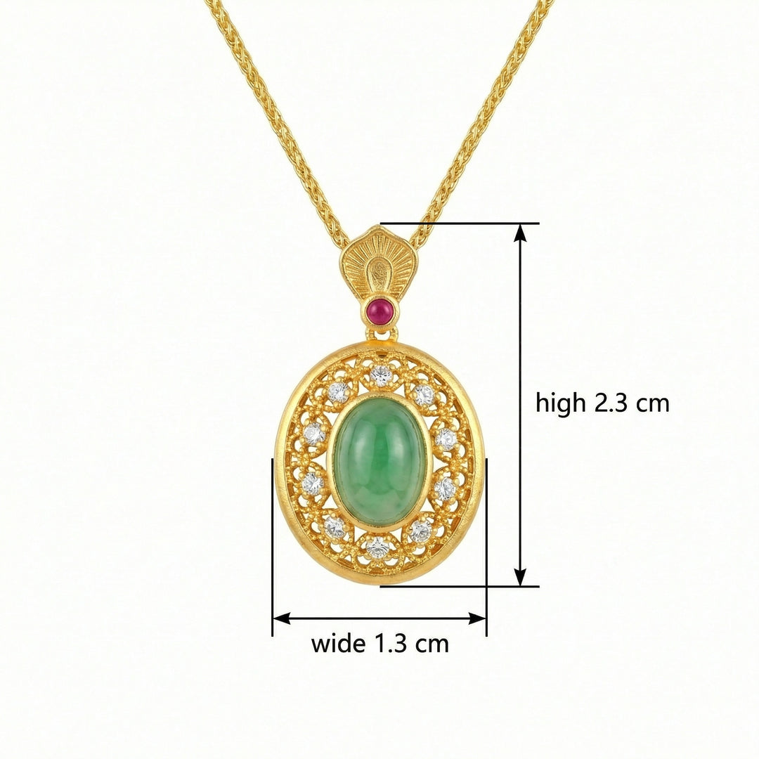 925 Sterling Silver Jade Cabochon Pendant Necklace with Ruby & Filigree Halo