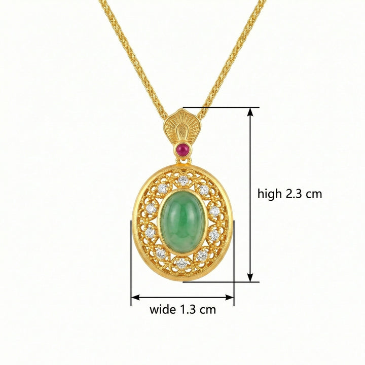 925 Sterling Silver Jade Cabochon Pendant Necklace with Ruby & Filigree Halo