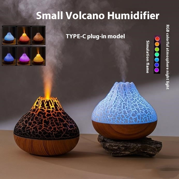 🌋🌈 Volcano Wood Grain Humidifier | 7-Color Ambience Mist Diffuser ✨