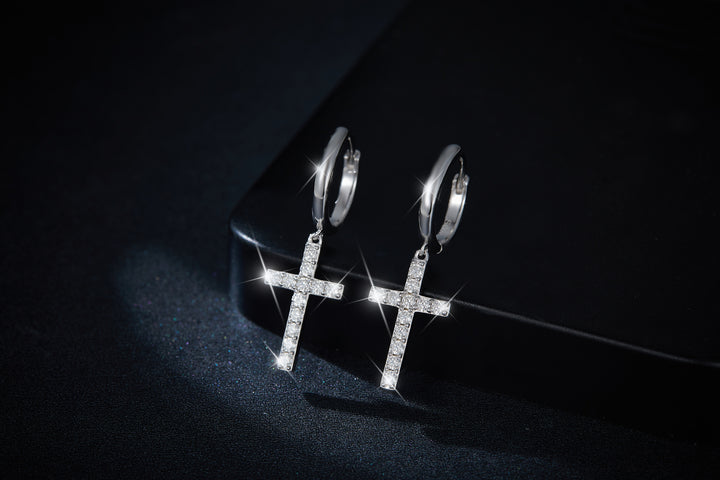 Luxury Minimalist Moissanite Cross Earrings – Platinum-Plated S925 Silver
