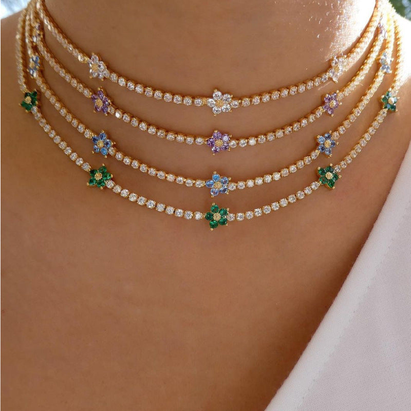 Women’s Flower Zircon Necklace – Micro-Pavé Floral Pendant Chain