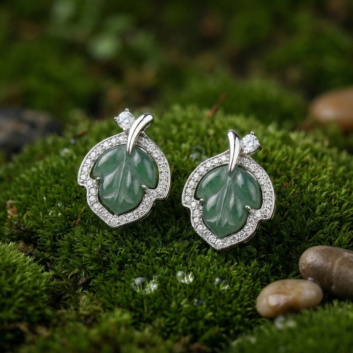 925 Sterling Silver Carved Green Jade Leaf Stud Earrings with Sparkling Halo Accents
