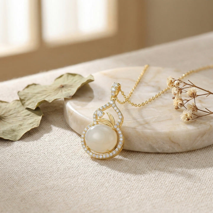 925 Sterling Silver Gourd Pendant Necklace with White Stone, Crystal Halo & Leaf Detail