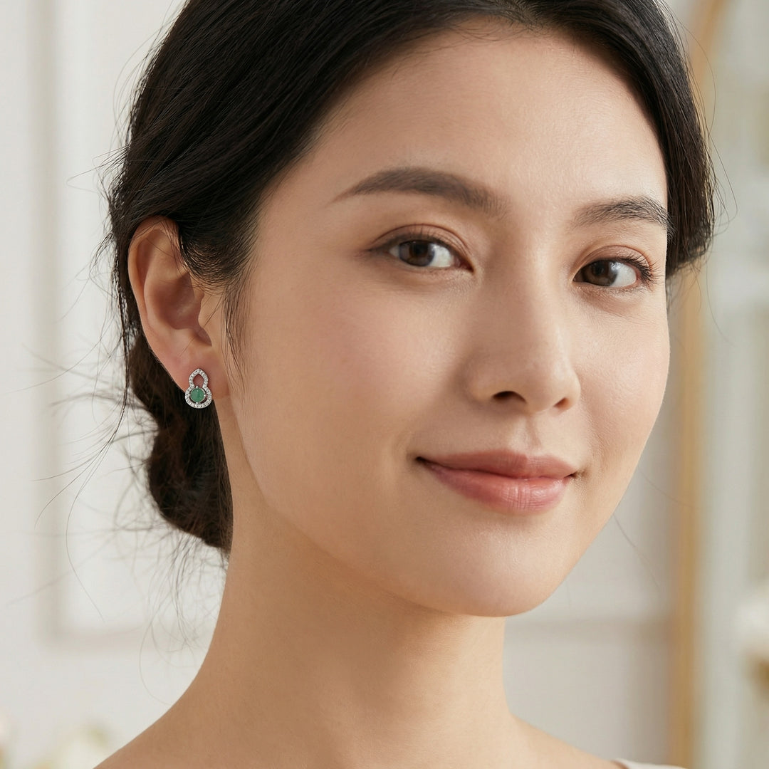 925 Sterling Silver Green Gourd-Inspired "Wulu" Stud Earrings with Clear Stone Accents