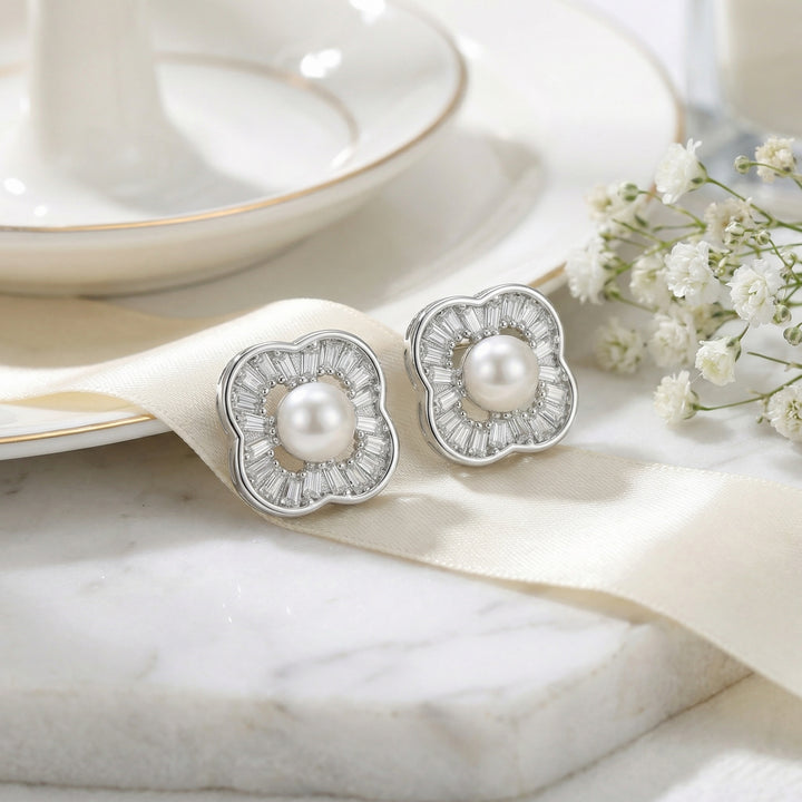 ✨ 925 Sterling Silver White Pearl & Baguette Zirconia Four-Leaf Clover Stud Earrings ✨