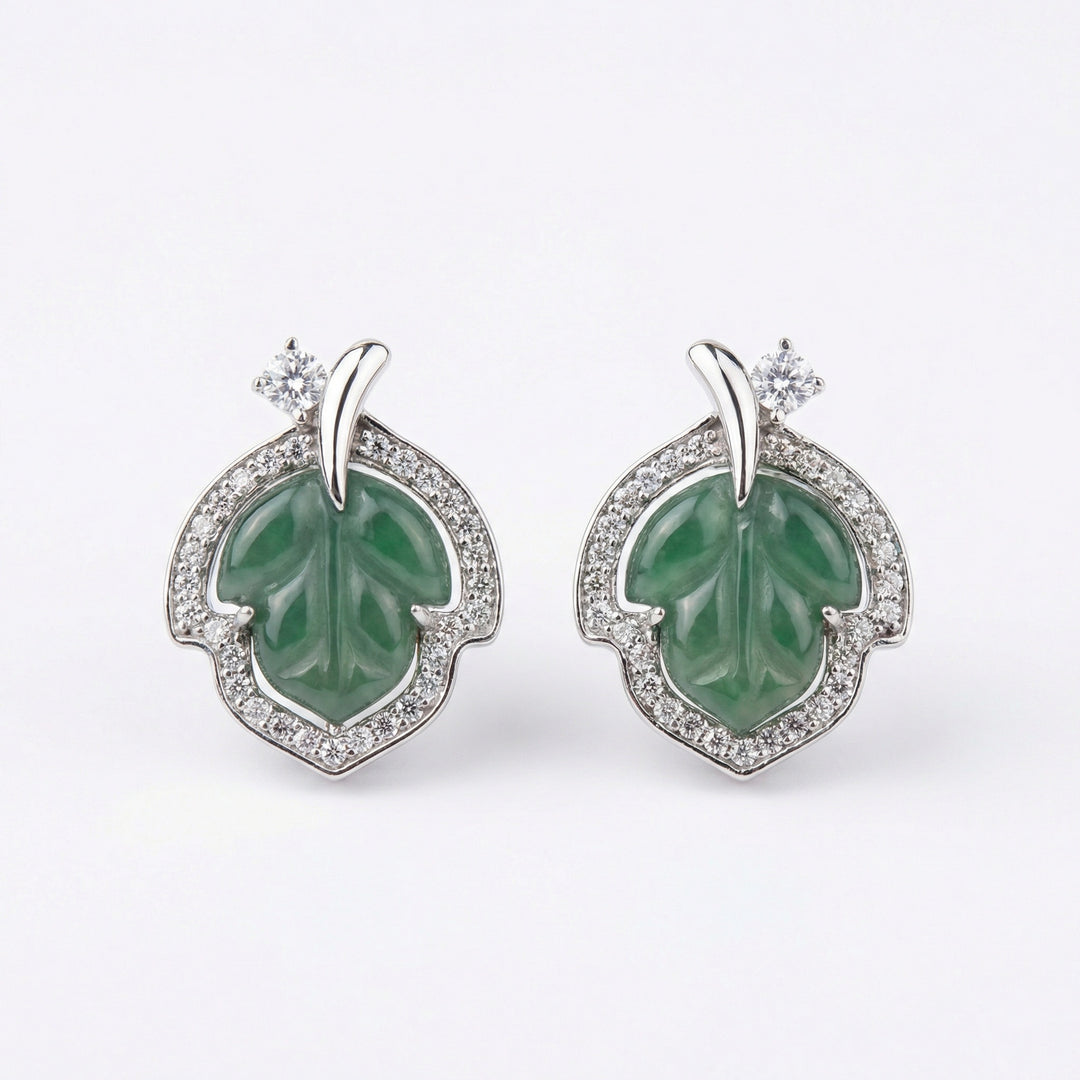 925 Sterling Silver Carved Green Jade Leaf Stud Earrings with Sparkling Halo Accents