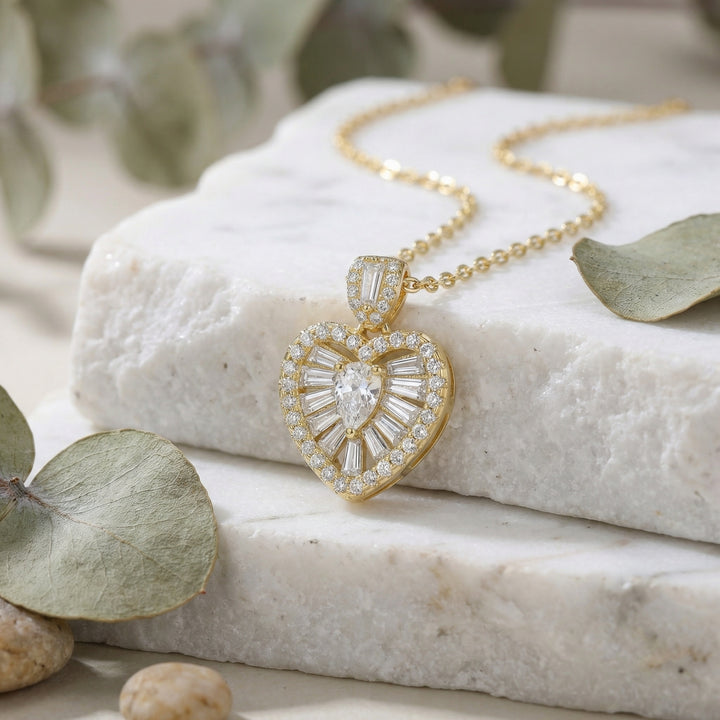 925 Sterling Silver Heart-Shaped Pendant Necklace with Pear, Baguette & Round Brilliant Diamonds