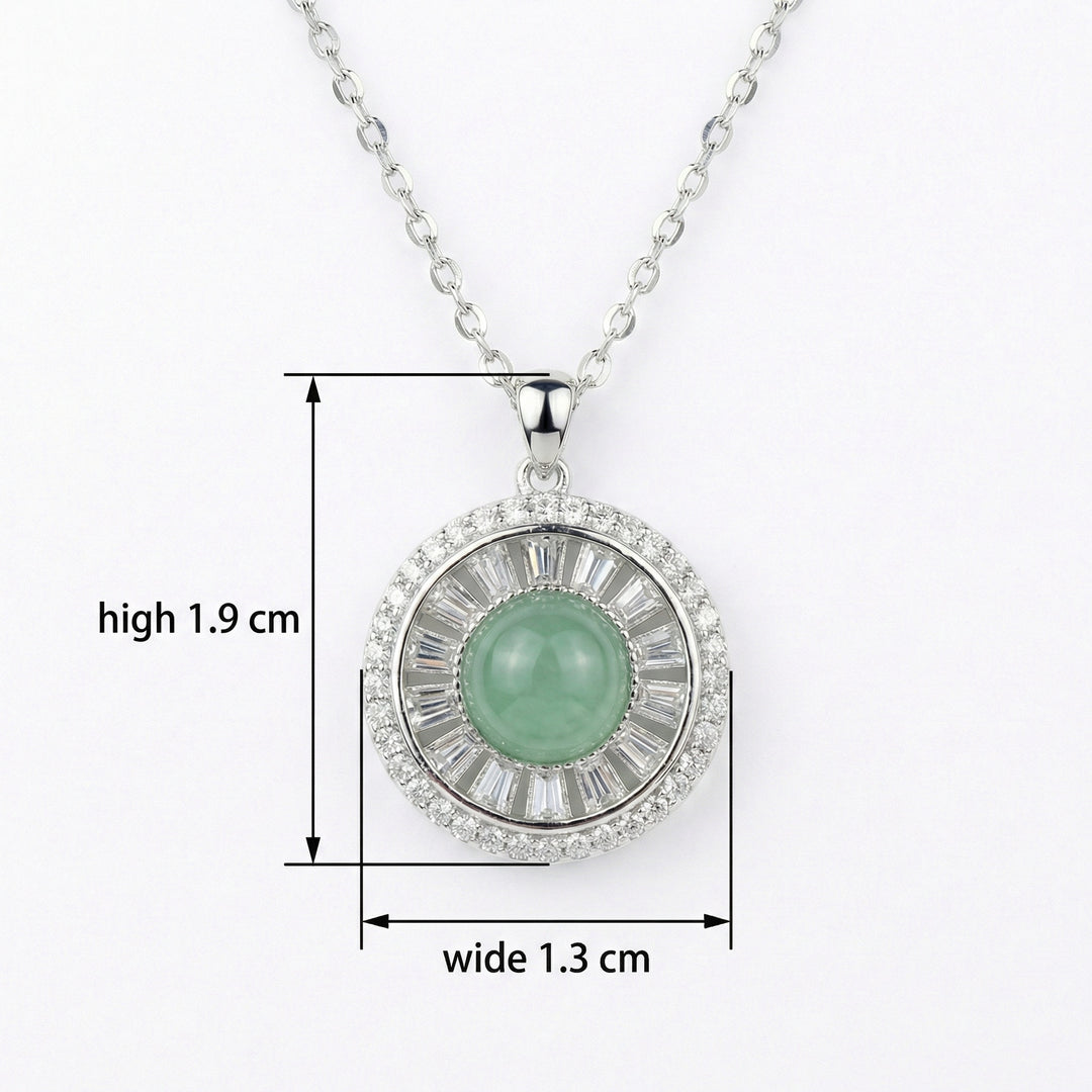 925 Sterling Silver Elegant Round Green Jade Cabochon Pendant Necklace with Sparkling Accents