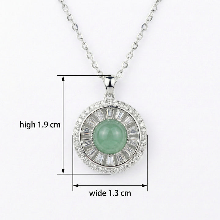 925 Sterling Silver Elegant Round Green Jade Cabochon Pendant Necklace with Sparkling Accents