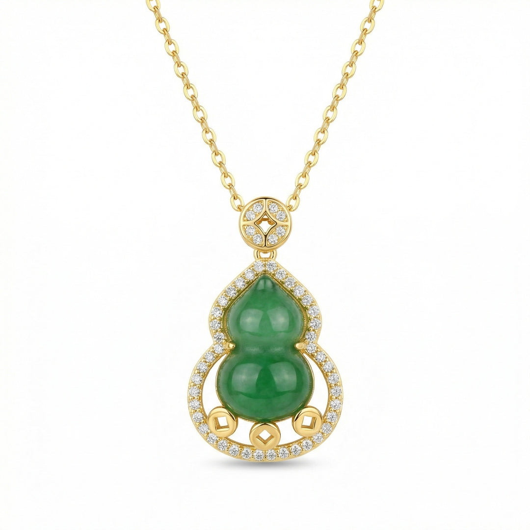 925 Sterling Silver Jadeite Gourd Pendant Necklace with Diamond Halo and Lucky Coin Motifs