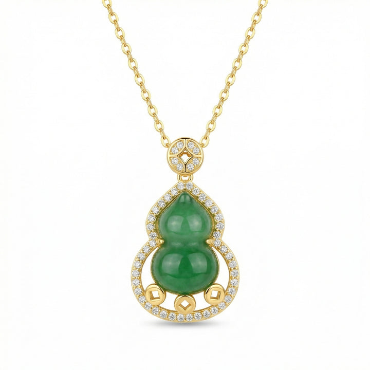 925 Sterling Silver Jadeite Gourd Pendant Necklace with Diamond Halo and Lucky Coin Motifs