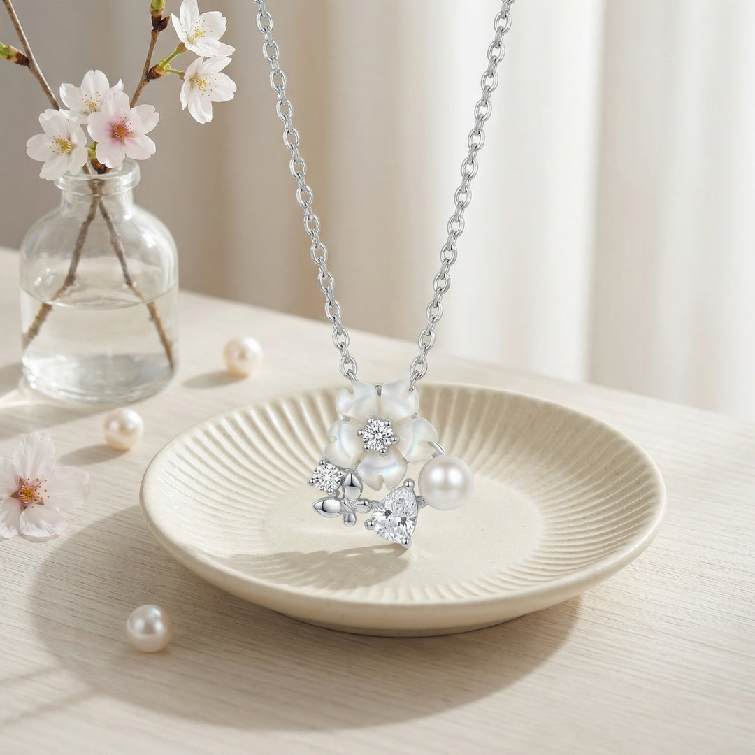 925 Sterling Silver Mother-of-Pearl Flower Necklace with Pearl, Crystal Accents & Butterfly Charm