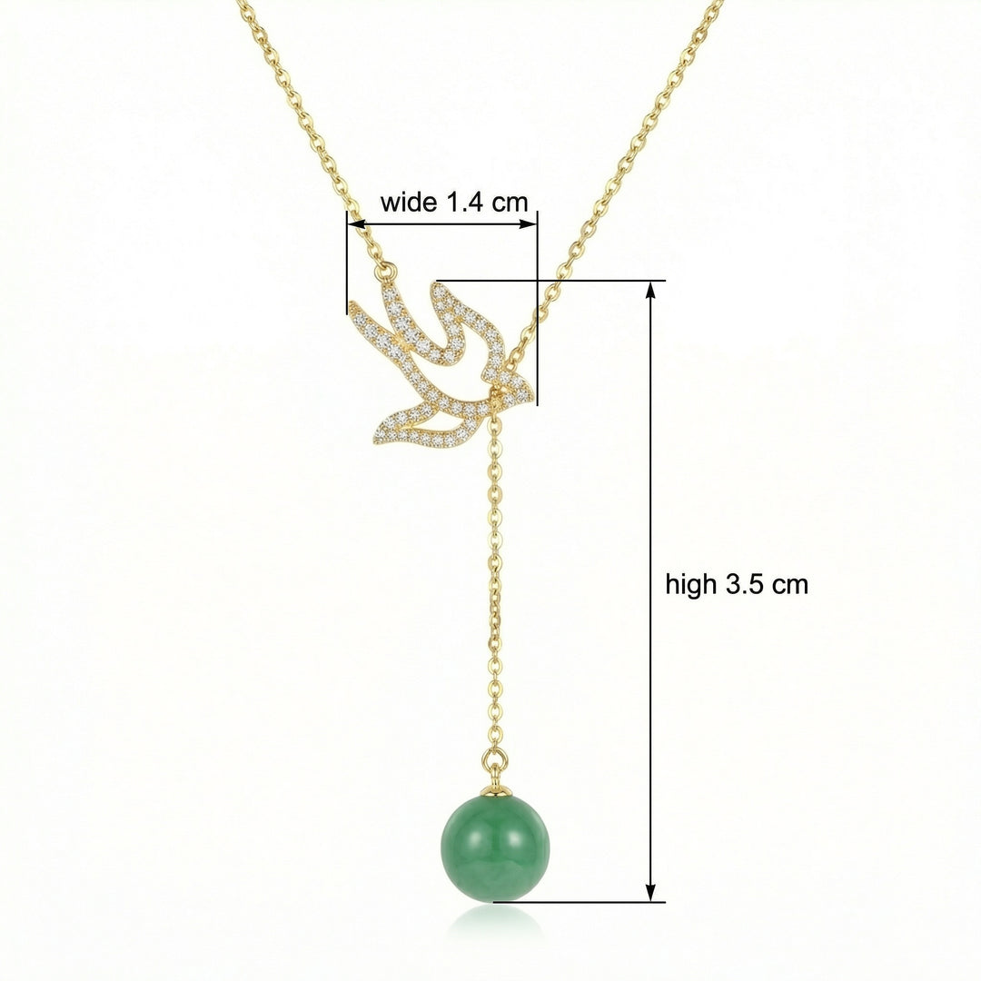 ✨ 925 Sterling Silver Sparkling Diamond Swallow Necklace with Elegant Green Jade Bead Drop ✨