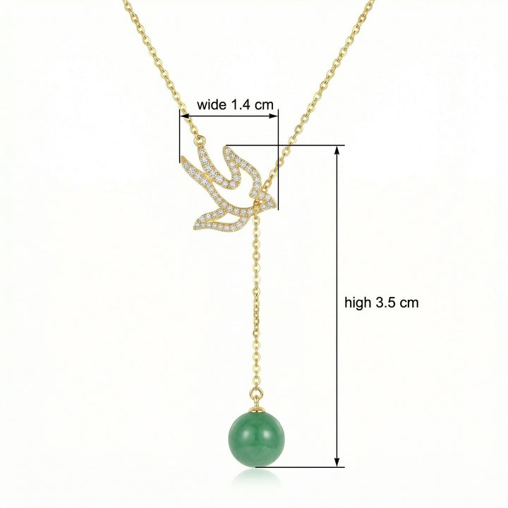 ✨ 925 Sterling Silver Sparkling Diamond Swallow Necklace with Elegant Green Jade Bead Drop ✨
