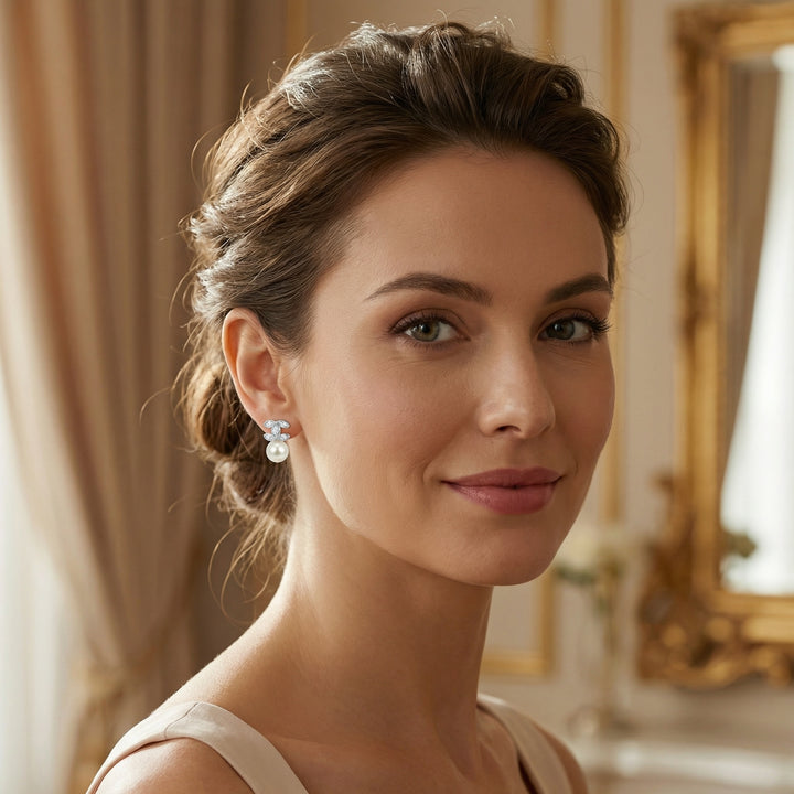 ✨ 925 Sterling Silver Marquise Crystal & Pearl Drop Earrings – Elegant Floral Design ✨