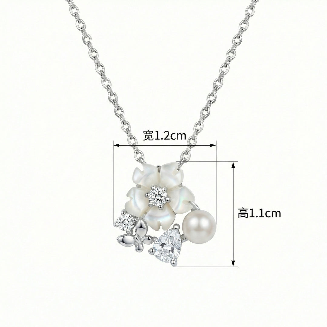 925 Sterling Silver Mother-of-Pearl Flower Necklace with Pearl, Crystal Accents & Butterfly Charm