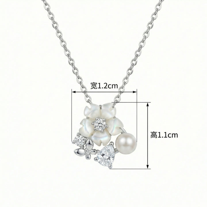 925 Sterling Silver Mother-of-Pearl Flower Necklace with Pearl, Crystal Accents & Butterfly Charm
